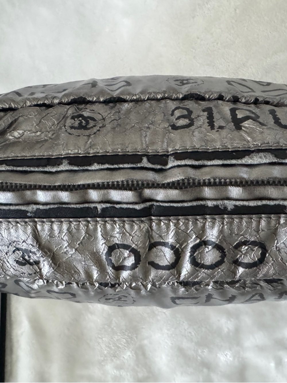 Authentic CHANEL Metallic Silver Logo Quilted Crossbody Bag - Picture 7 of 13